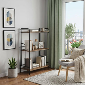 37 Inch Rustic Three Tier Etagere with Distressed Wood Shelves and Iron Frame
