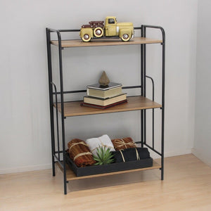 37 Inch Rustic Three Tier Etagere with Distressed Wood Shelves and Iron Frame