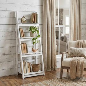 44 Inch Distressed White Wood Four Tier Ladder Shelf Bookcase for Living Room