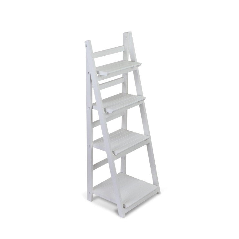 HomeRoots 44 Inch Distressed White Wood Four Tier Ladder Shelf Bookcase for Living Room 738650