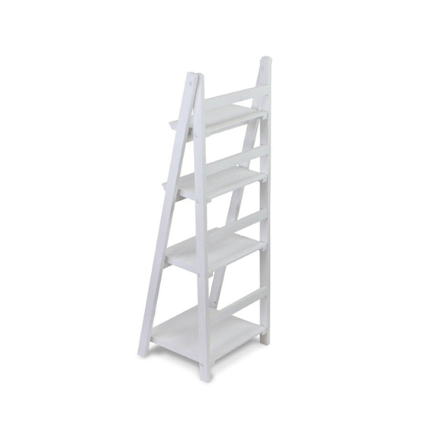 44 Inch Distressed White Wood Four Tier Ladder Shelf Bookcase for Living Room