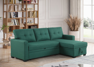 English Elm Convertible Upholstered Sectional Sofa with Pull-out Chaise Sleeper and Storage Green B2730S00004