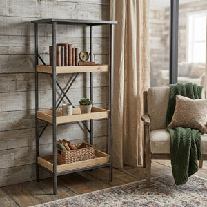 49 Inch Three Tier Industrial Etagere with Distressed Wood and Black Metal Frame