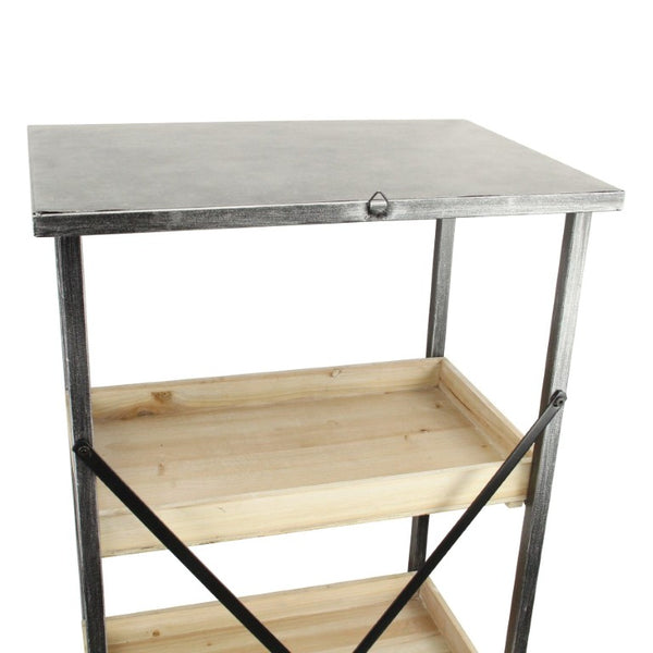 49 Inch Three Tier Industrial Etagere with Distressed Wood and Black Metal Frame