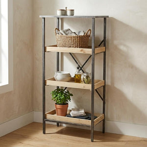 49 Inch Three Tier Industrial Etagere with Distressed Wood and Black Metal Frame
