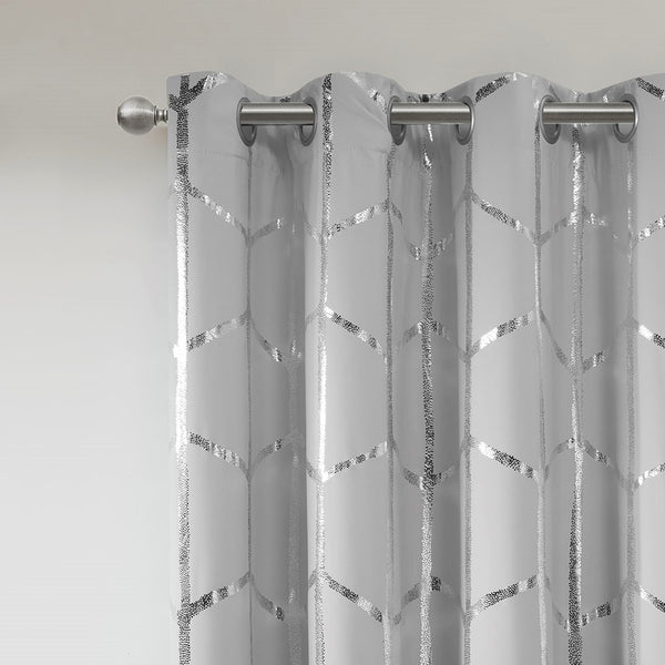 English Elm Total Blackout Metallic Raina Grommet Curtain Panels, 2-Pack 50x84, Geometric Silver Print, Energy-Saving Privacy Drapes B035129663