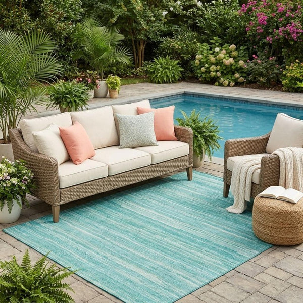 5 X 8 Aqua Teal Stripe Polyester Area Rug Washable Stain Resistant Indoor Outdoor
