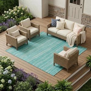 8 X 10 Striped Aqua Teal Polyester Indoor Outdoor Rug Washable Pet Friendly