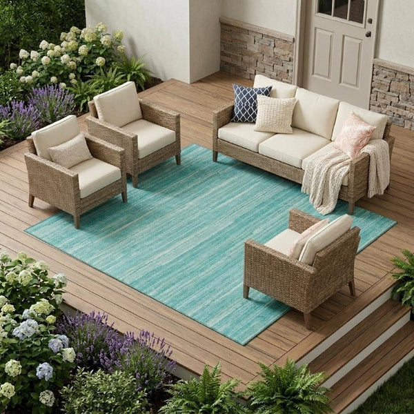 8 X 10 Striped Aqua Teal Polyester Indoor Outdoor Rug Washable Pet Friendly
