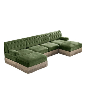 English Elm 4-seater Modular Sectional with Ottomans Tufted Fleece Sofa Tassel Skirt Retro Luxe Green W714S01714