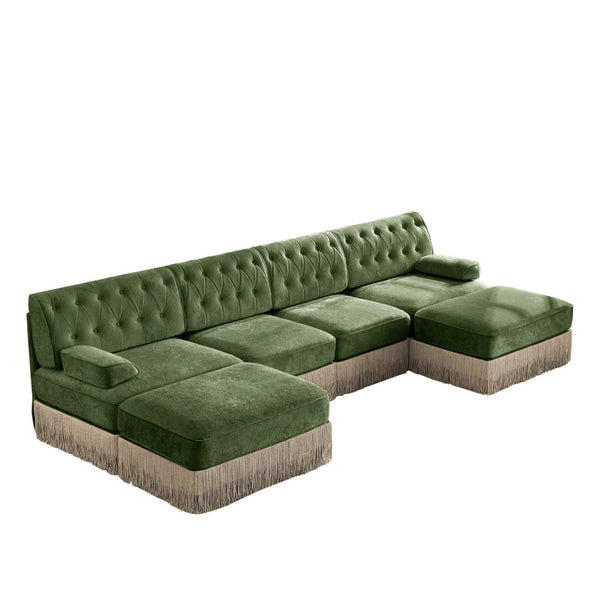English Elm 4-seater Modular Sectional with Ottomans Tufted Fleece Sofa Tassel Skirt Retro Luxe Green W714S01714