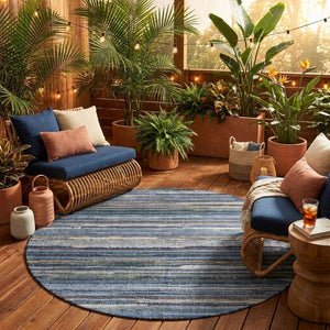8 Ft Round Striped Polyester Area Rug for Indoor Outdoor High Traffic Spaces