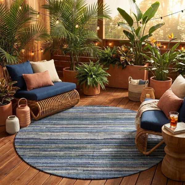 8 Ft Round Striped Polyester Area Rug for Indoor Outdoor High Traffic Spaces