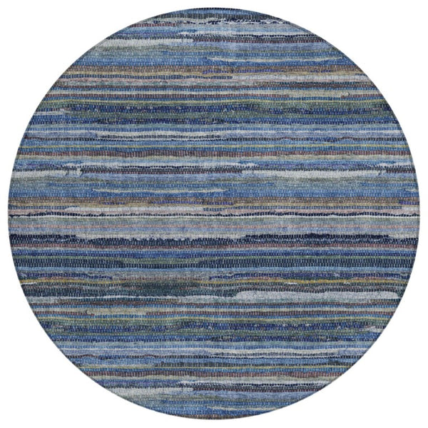 HomeRoots 8 Ft Round Striped Polyester Area Rug for Indoor Outdoor High Traffic Spaces 738681