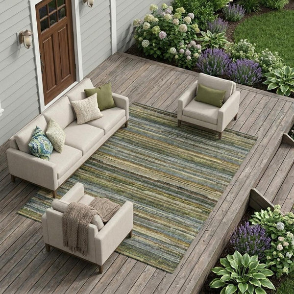 8x10 Striped Polyester Area Rug Washable for Indoor Outdoor Patio Porch Use
