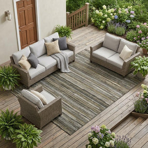 8 X 10 Pewter Gray Stripe Polyester Area Rug Washable Stain Resistant Indoor Outdoor