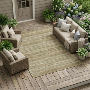 8 X 10 Tan Brown Stripe Washable Polyester Area Rug for Patio Porch or Living Room