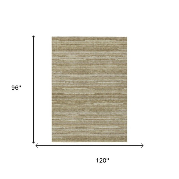 8 X 10 Tan Brown Stripe Washable Polyester Area Rug for Patio Porch or Living Room