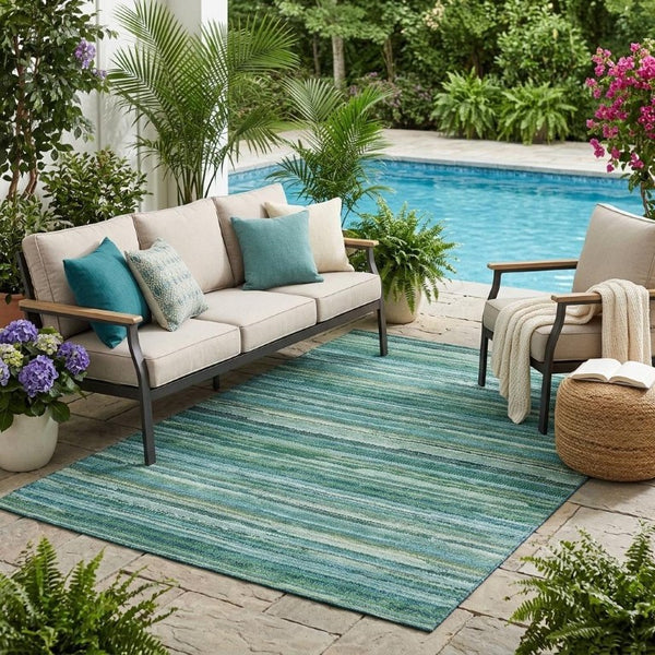 5 X 8 Teal Stripe Polyester Area Rug Washable for Indoor Outdoor Living Spaces