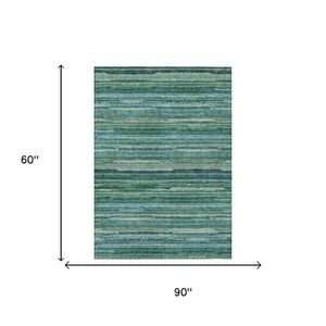 5 X 8 Teal Stripe Polyester Area Rug Washable for Indoor Outdoor Living Spaces
