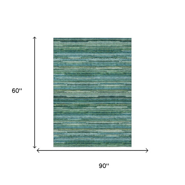 5 X 8 Teal Stripe Polyester Area Rug Washable for Indoor Outdoor Living Spaces