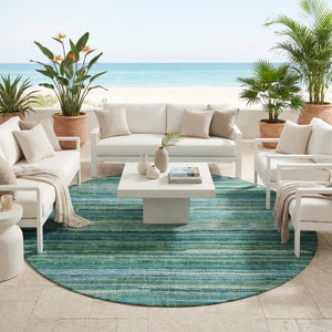 8 Ft Round Teal Striped Polyester Rug Stain Resistant for Indoor Outdoor Use