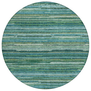 HomeRoots 8 Ft Round Teal Striped Polyester Rug Stain Resistant for Indoor Outdoor Use 738711