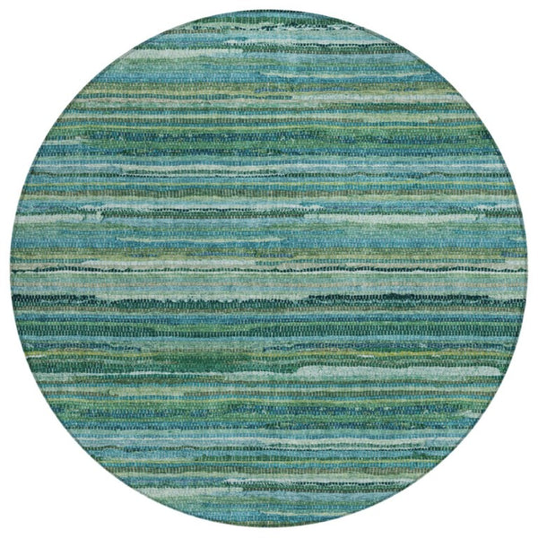 HomeRoots 8 Ft Round Teal Striped Polyester Rug Stain Resistant for Indoor Outdoor Use 738711