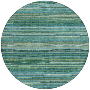 8 Ft Round Teal Striped Polyester Rug Stain Resistant for Indoor Outdoor Use