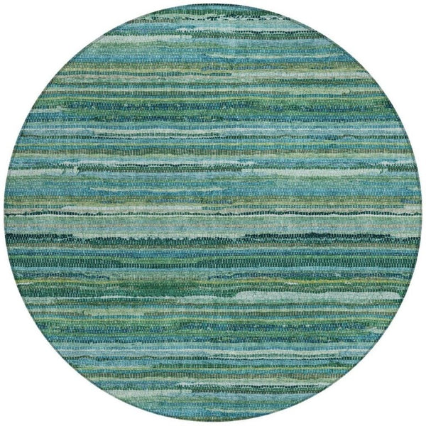 8 Ft Round Teal Striped Polyester Rug Stain Resistant for Indoor Outdoor Use