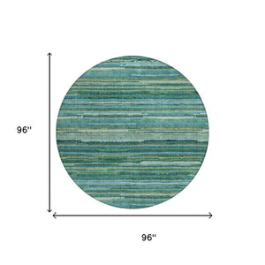8 Ft Round Teal Striped Polyester Rug Stain Resistant for Indoor Outdoor Use