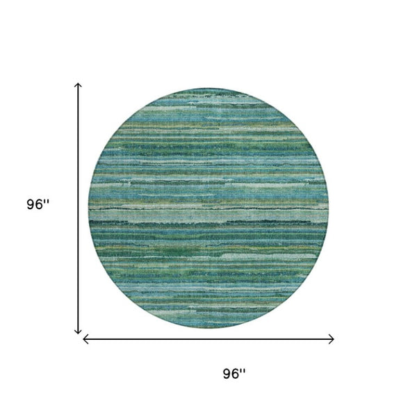 8 Ft Round Teal Striped Polyester Rug Stain Resistant for Indoor Outdoor Use