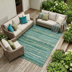 10 X 14 Striped Teal Washable Polyester Rug for Patio Porch Living Room or Mudroom
