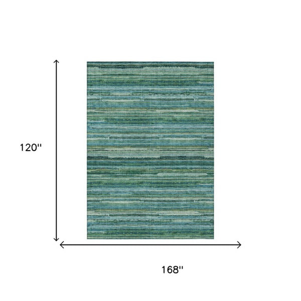 10 X 14 Striped Teal Washable Polyester Rug for Patio Porch Living Room or Mudroom