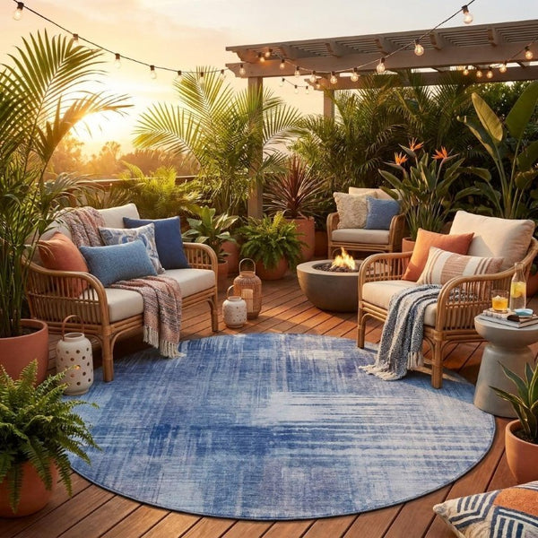 8 Foot Round Abstract Polyester Area Rug Washable Indoor Outdoor Blue Lilac