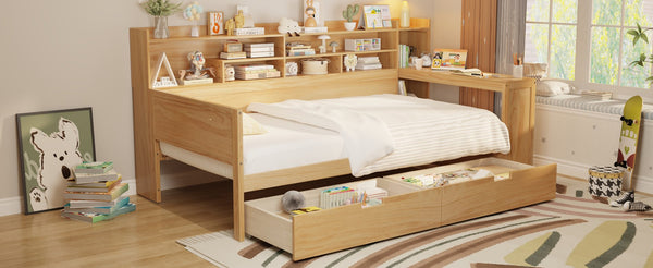 English Elm Wooden Twin Daybed with Built-In Desk, Side Shelves and Dual Drawers for Smart Space Saving Natural 54.9 L x 18.75 W x 5.6 H N733S241484M