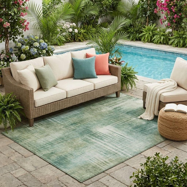 5 X 8 Abstract Fern Green Washable Polyester Rug for Indoor Outdoor Spaces