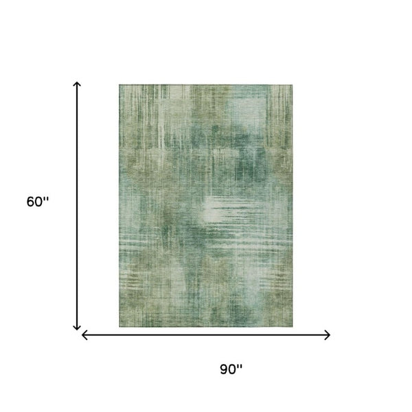 5 X 8 Abstract Fern Green Washable Polyester Rug for Indoor Outdoor Spaces