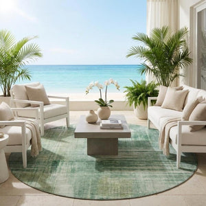 8 Foot Round Abstract Polyester Area Rug Washable Stain Resistant Indoor Outdoor Green