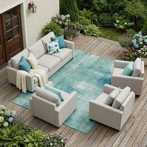 10 X 14 Teal Abstract Washable Polyester Area Rug for Indoor Outdoor Spaces