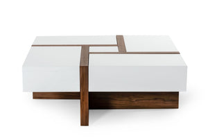 VIG Furniture Makai Square Coffee Table With White High-Gloss Top, Walnut Veneer Puzzle Inset & Soft-Closing Drawers (39" L) VGBBLE624E-WHTWAL