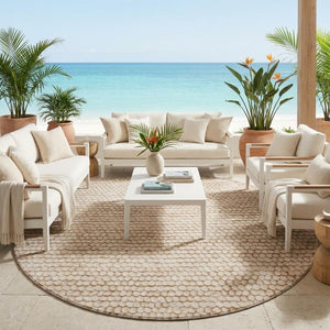 8 Ft Round Striped Polyester Area Rug Washable Stain Resistant Indoor Outdoor Beige