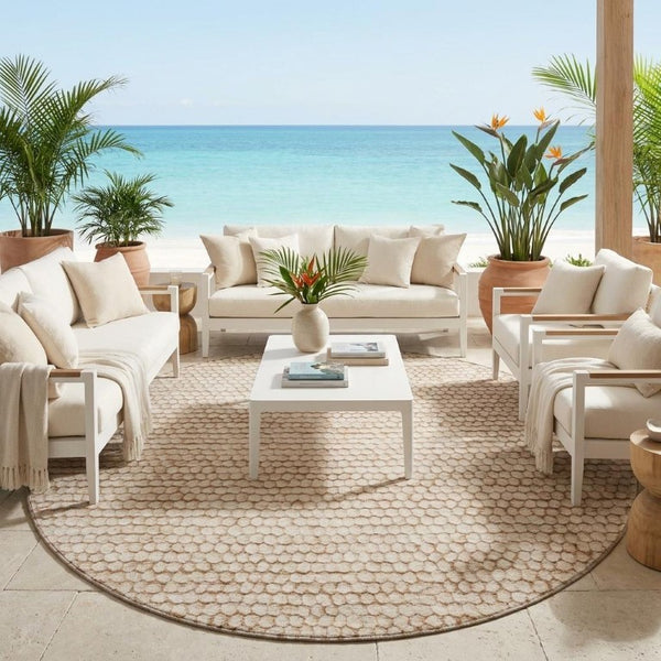 8 Ft Round Striped Polyester Area Rug Washable Stain Resistant Indoor Outdoor Beige