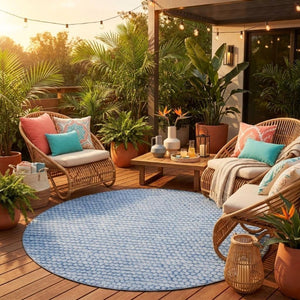 8 Foot Round Striped Polyester Area Rug Washable Blue Tones for Indoor Outdoor Use