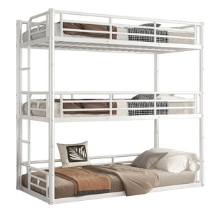 English Elm Twin Triple Metal Bunk Bed Matte Powder Coated Frame with Full Safety Guardrails Light White W1580S00579