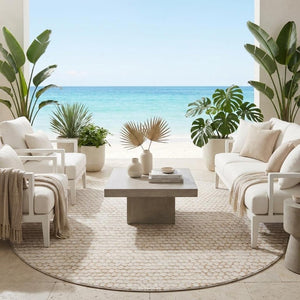 8 Ft Round Striped Ivory Polyester Rug Washable Stain Resistant Indoor Outdoor