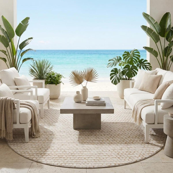 8 Ft Round Striped Ivory Polyester Rug Washable Stain Resistant Indoor Outdoor