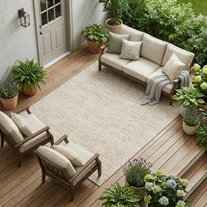 9 X 12 Ivory Striped Polyester Area Rug Washable Stain Resistant for Patio or Home