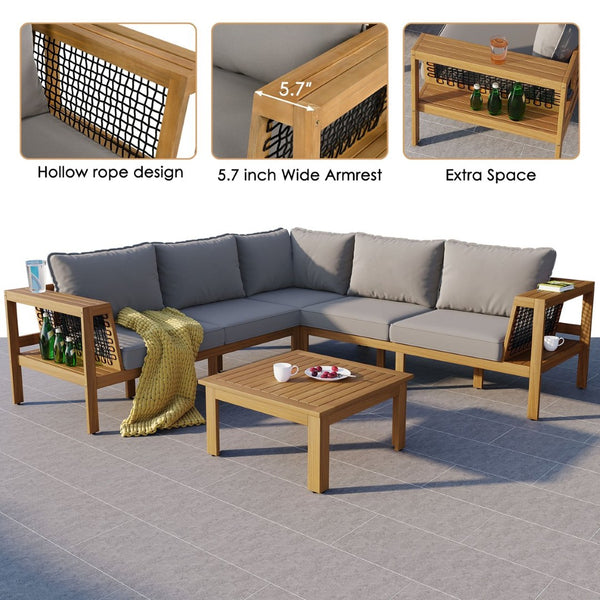 English Elm <old Old Sku Acacia Wood L-shaped Patio Sectional with Woven Rope Armrests Resort Cushioned Set Gray,Natural N704F201249E