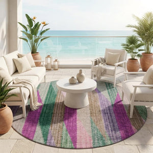 8 Ft Round Striped Polyester Rug Washable Pink Green Geometric Indoor Outdoor Patio